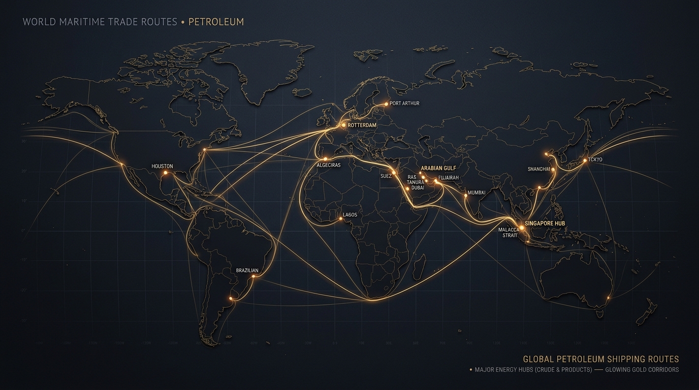 Dark minimalist world map illustrating international petroleum maritime trade corridors