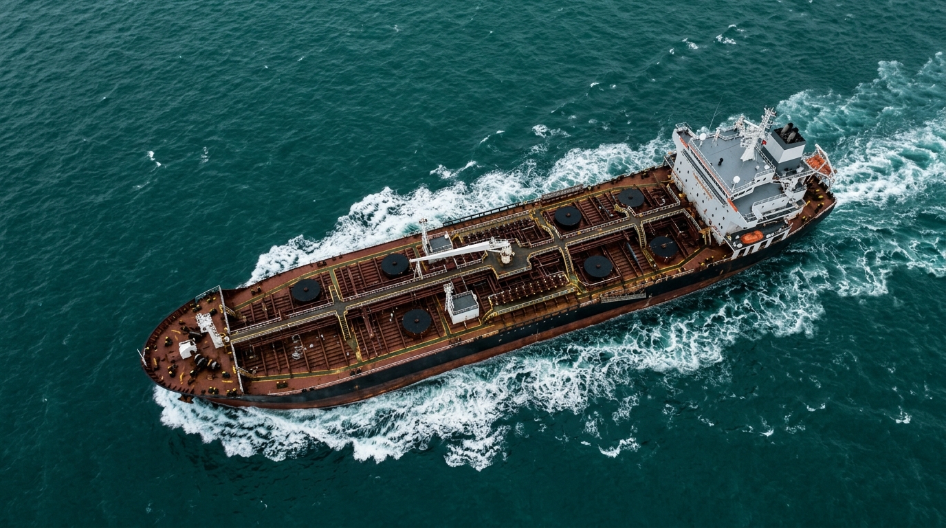 Aerial view of VALTRUM oil tanker vessel cruising across turquoise ocean
